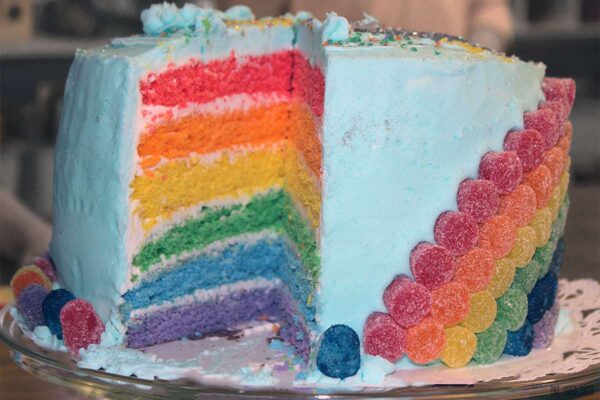 Creating a Rainbow Birthday Cake is fun to make, but it's even more exciting seeing the look on your kids face when you cut into it!