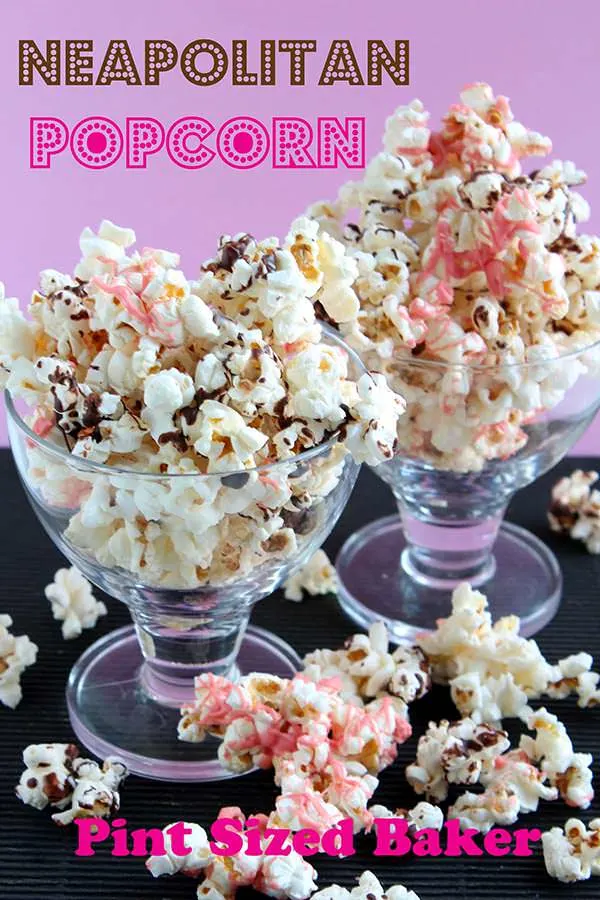 Fun Neapolitan Popcorn is flavored with chocolate, strawberry, and vanilla.
