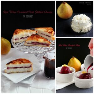 Homemade Quark Cheese, Red Wine Poached Pears, and some Angel Food Cake make a fantastic grilled cheese dessert.
