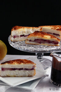 Red Wine Poached Pears with quark cheese and grilled on Angel Food Cake Slices. This is one awesome grilled cheese dessert.