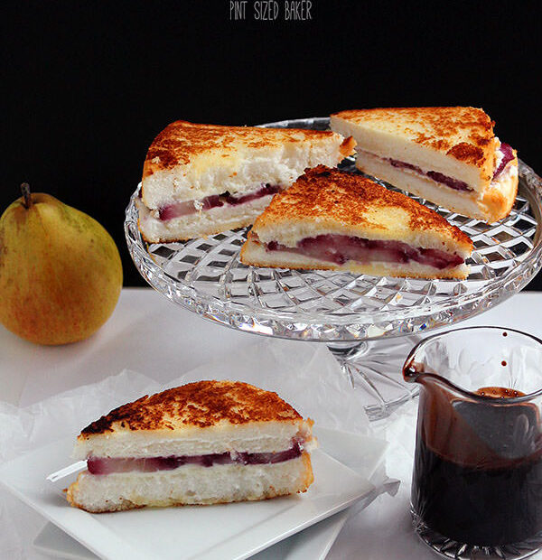 Red Wine Poached Pears with quark cheese and grilled on Angel Food Cake Slices. This is one awesome grilled cheese dessert.