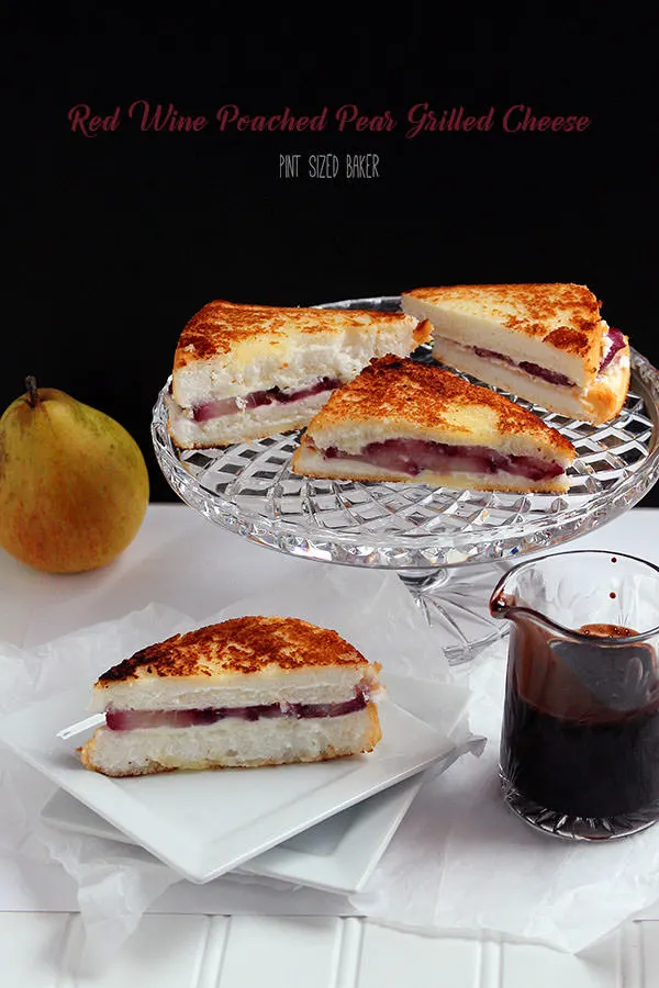 Everyone will enjoy these red wine poached pear grilled cheese sandwiches. Made with homemade Quark cheese, poached pears and served with chocolate sauce.