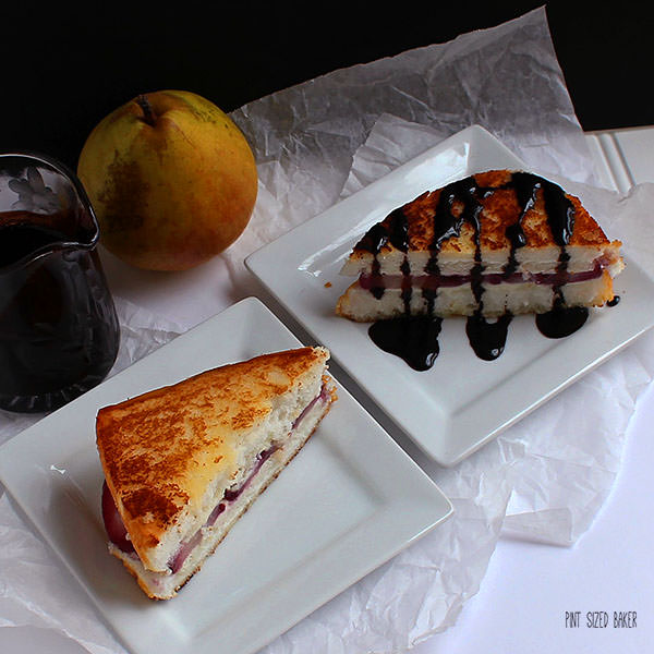 Everyone will enjoy these red wine poached pear grilled cheese sandwiches. Made with homemade Quark cheese, poached pears and served with chocolate sauce.