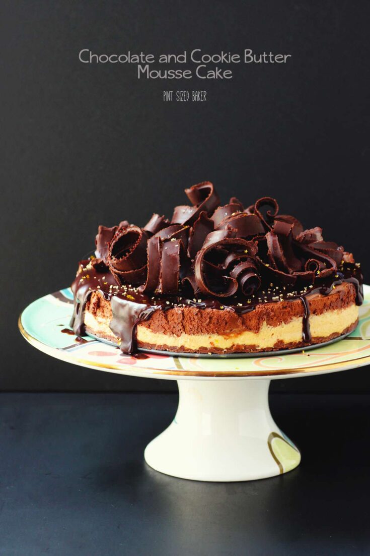 A decadent dessert. Chocolate Shortbread Cookie base, two types of mousse layers, and chocolate curls for days! This Mousse Cake will be a hit at your dinner party.