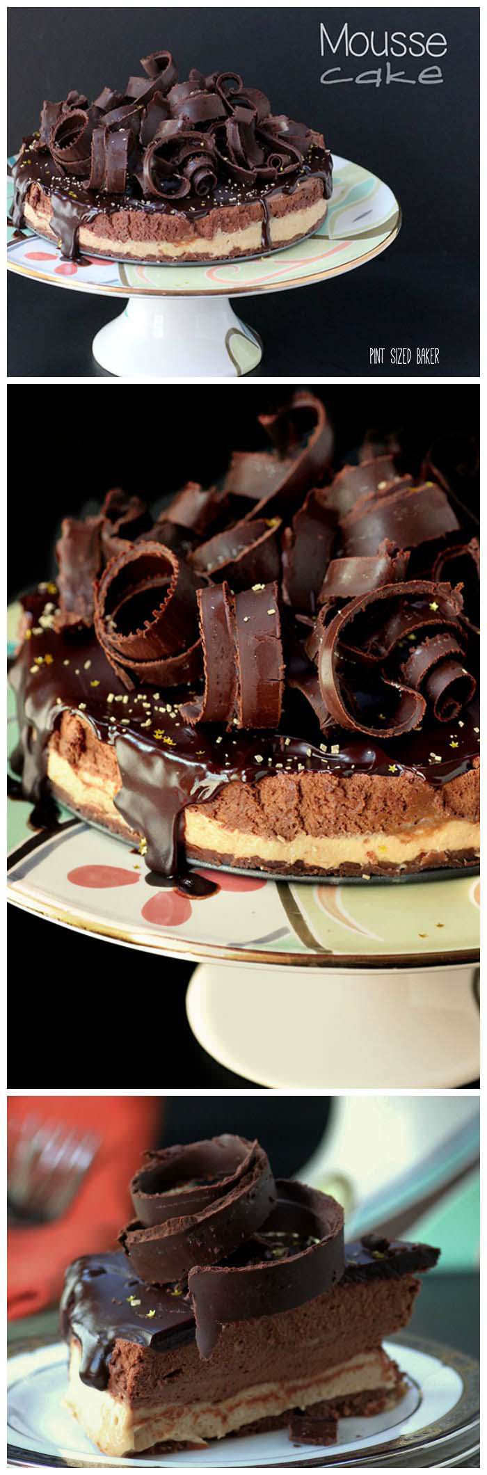 A decadent dessert. Chocolate Shortbread Cookie base, two types of mousse layers, and chocolate curls for days! This Mousse Cake will be a hit at your dinner party.