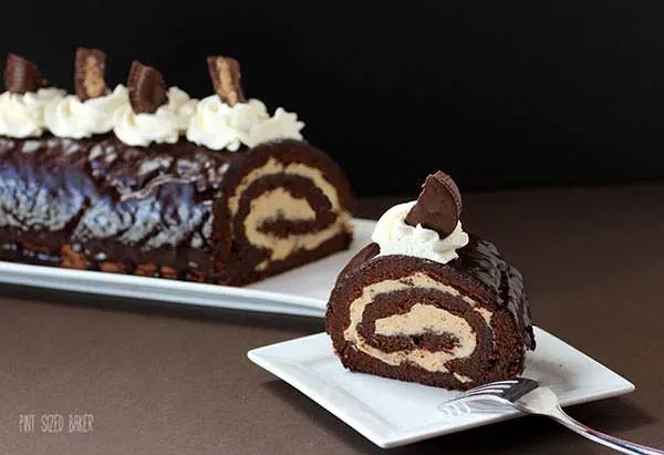 Chocolate and Peanut Butter Roulade made with homemade peanut butter and PB cups. For serious peanut butter lovers.