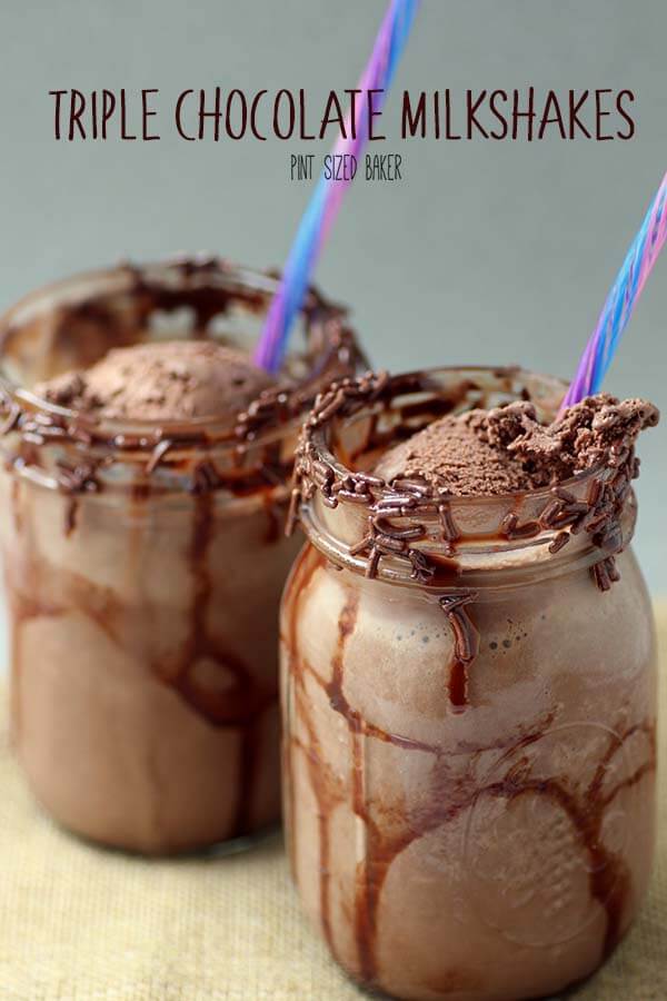These Triple Chocolate Milkshakes are just what your chocoholic sweet tooth is craving! Chocolate milk, chocolate ice cream, and chocolate syrup - YUM!