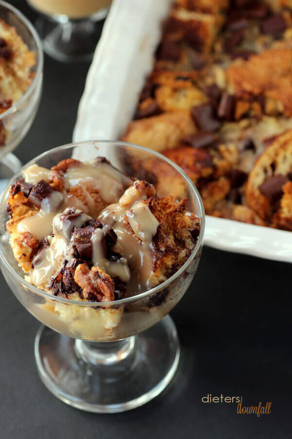 So not your basic bread pudding. This one is full of chocolate, walnuts, and covered in Kahlua cream sauce. 