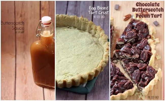 Three simple recipes for the best dessert! Homemade butterscotch sauce, an egg based tart crust and an easy chocolate butterscotch pecan filling! So good!!