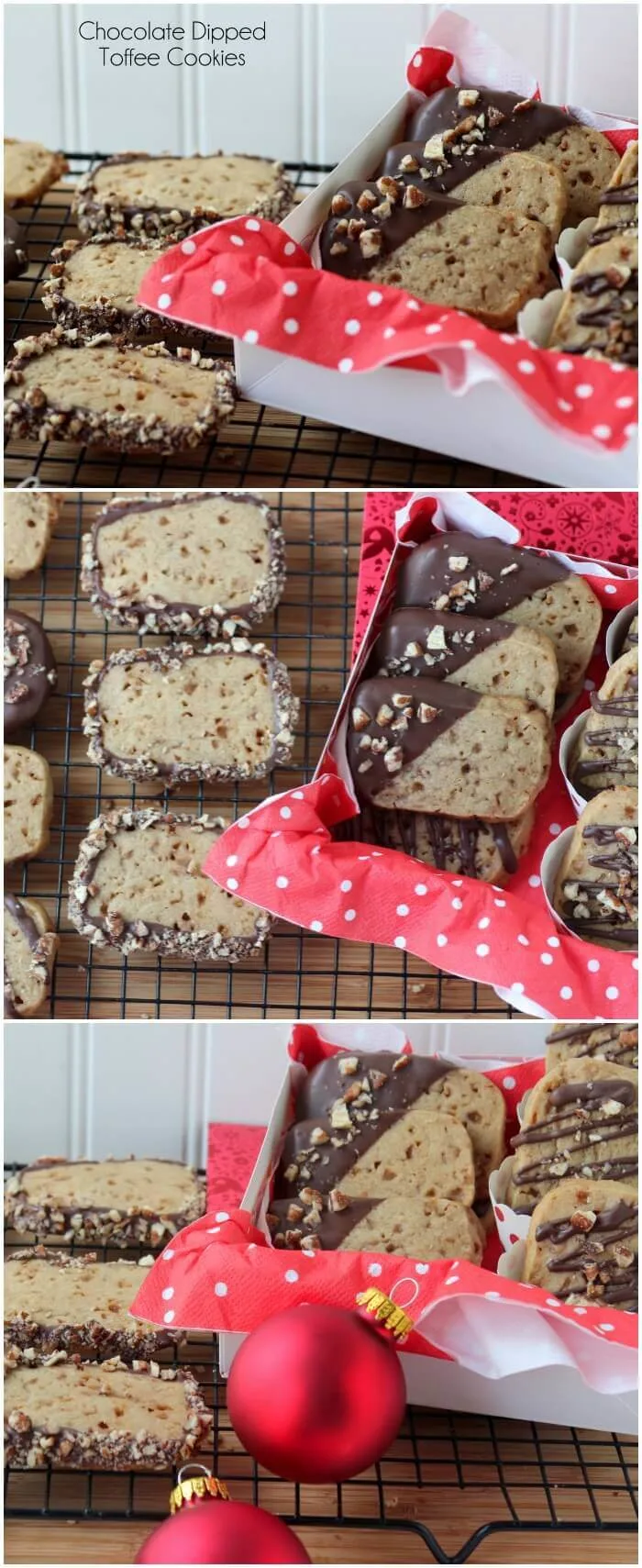 Slice and Bake Toffee Cookies are drizzled with chocolate and chopped almonds.