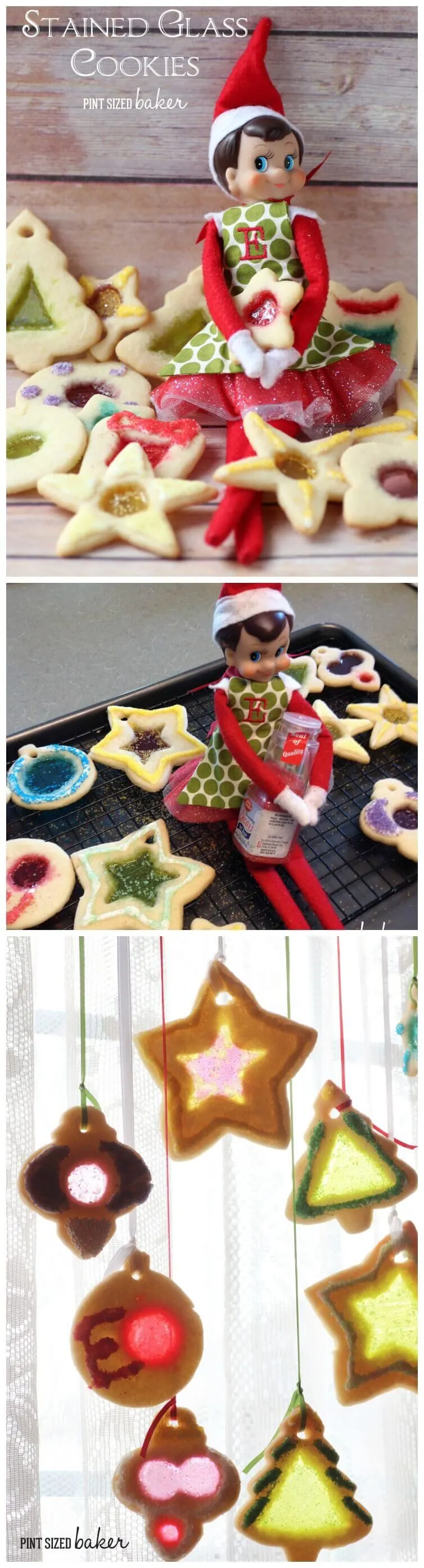 Stunning Stained Glass Christmas Cookies baked with our family Elf on the Shelf! Bake the cookies and hang them in window to show off all the colors.
