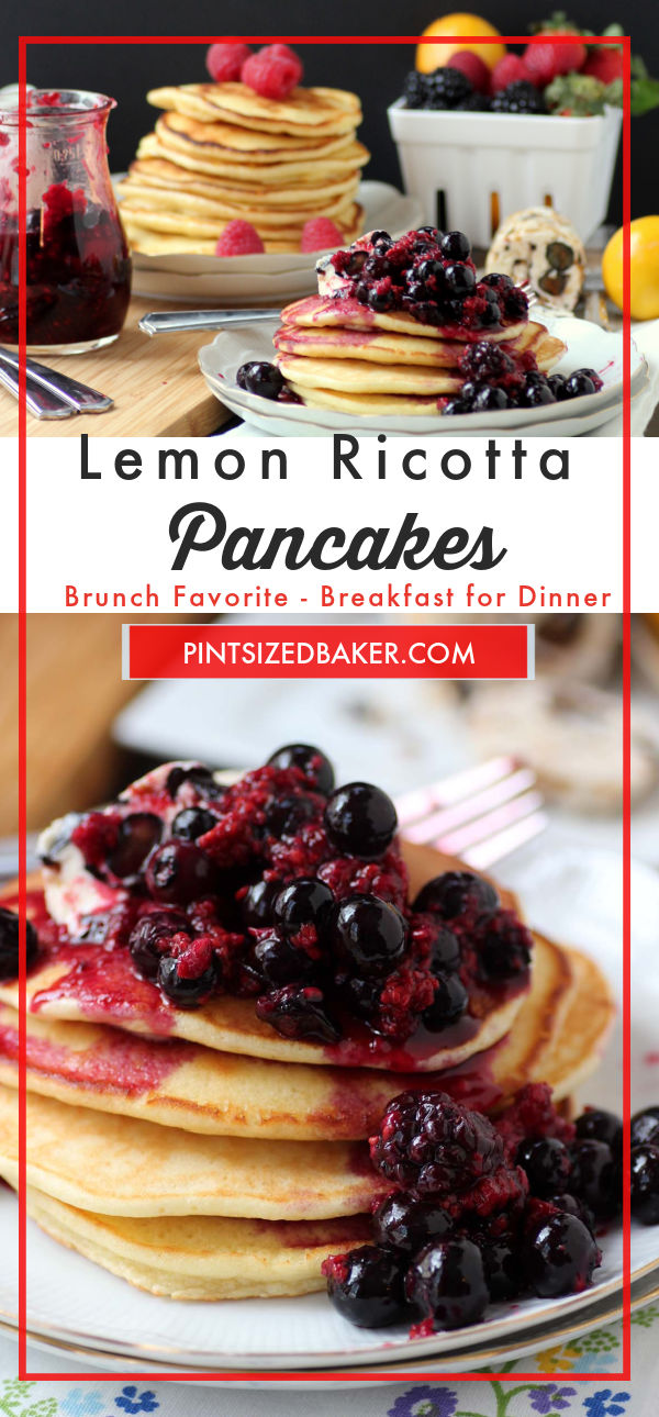 Light and fluffy lemon ricotta pancakes made with homemade ricotta cheese and topped with a mixed berry compote and blueberry butter. It's the perfect Sunday brunch.