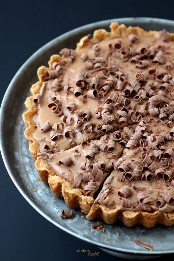 Whipped Mocha Mousse Tart with soft caramel and chocolate curls. from #dietersdownfall.com