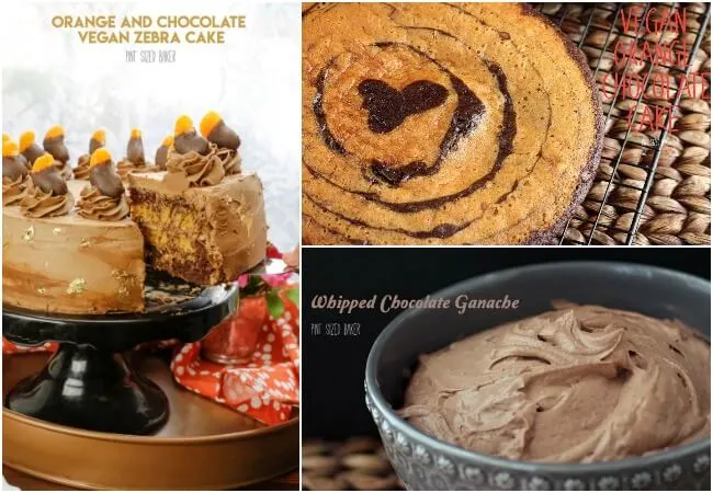 Collage image showing the three recipes I used to make the final vegan orange and chocolate zebra cake.