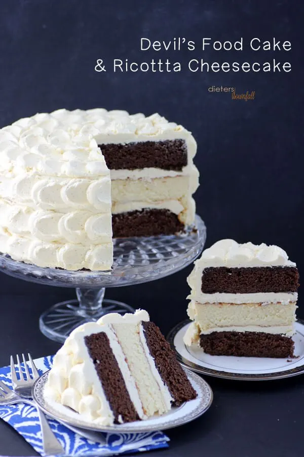 Devil's Food Cake with a center of Ricotta Cheesecake with Vanilla Bean Buttercream frosting. from #dietersdownfall.com