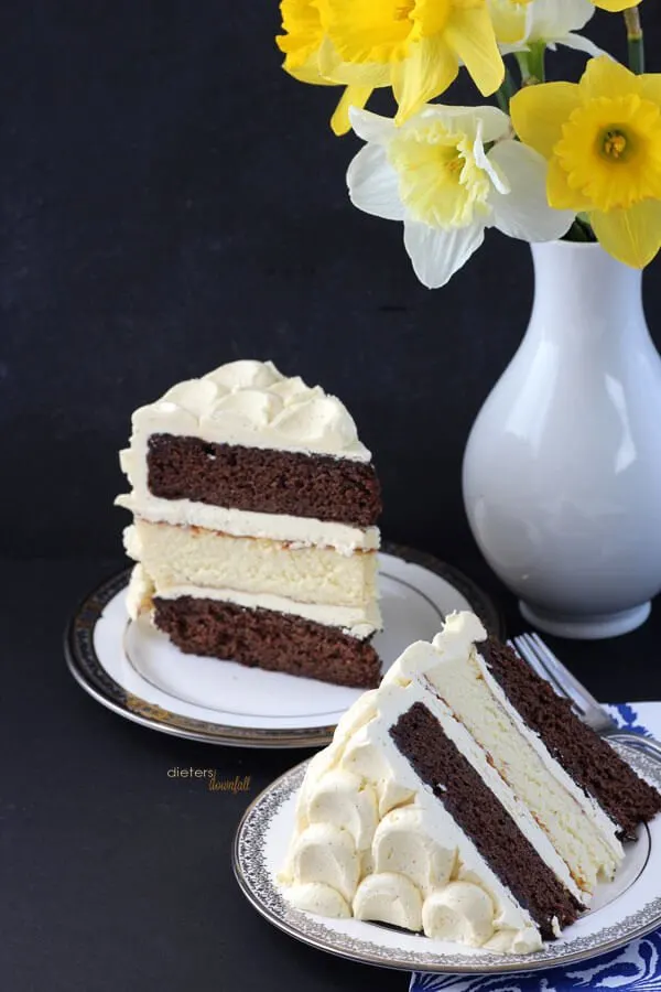 The perfect combination of Ebony and Ivory. Chocolate cake and Cheesecake in one awesome dessert. from #dietersdownfall.com