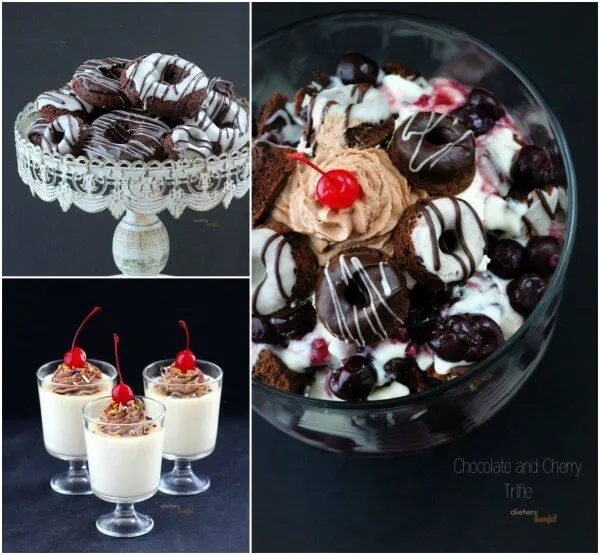 Make a decandet Trifle with Chocolate Donuts, White Chocolate Pudding and some Sweetened Cherries. from #DietersDownfall.com