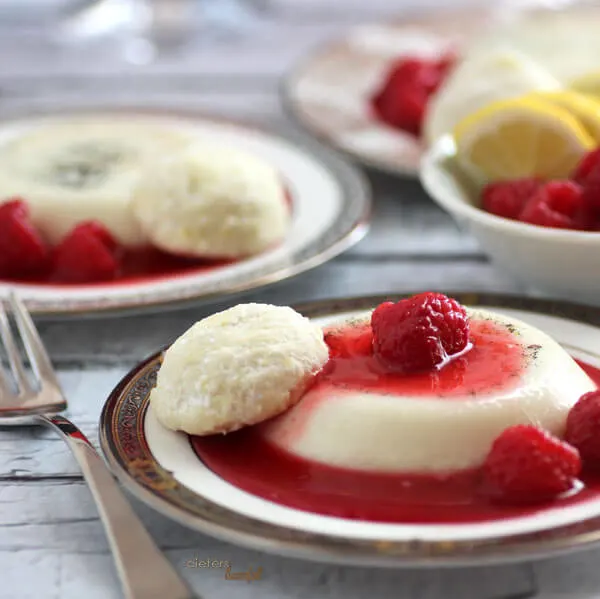 Vanilla Bean and Lemon Panna Cotta with Raspberry Sauce and a Lemon Cookie. from #dietersdownfall.com