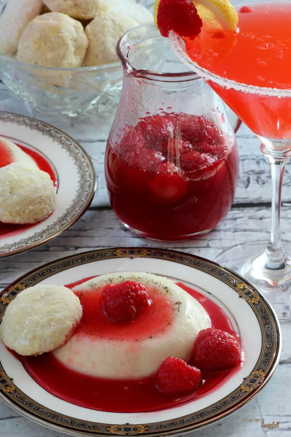 Panna Cotta with Raspberry Sauce, a Lemon Cookies, and a Raspberry Lemon Infused Martini.from #dietersdownfall.com