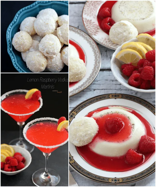 Vanilla Bean and Lemon Panna Cotta, Lemon Snowball Cookies, and Raspberry Lemon infused Vodka. from #DietersDownfall.com