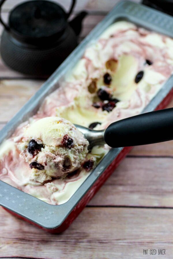 Creamy Buttermilk ice cream starts with a egg yolk base and sweetened with Maraschino Cherries. 