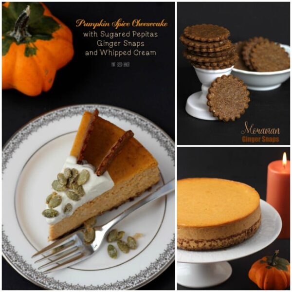 Pumpkin Spice Cheesecake, Moravian Ginger Snap Cookies, and an easy pumpkin cheesecake.