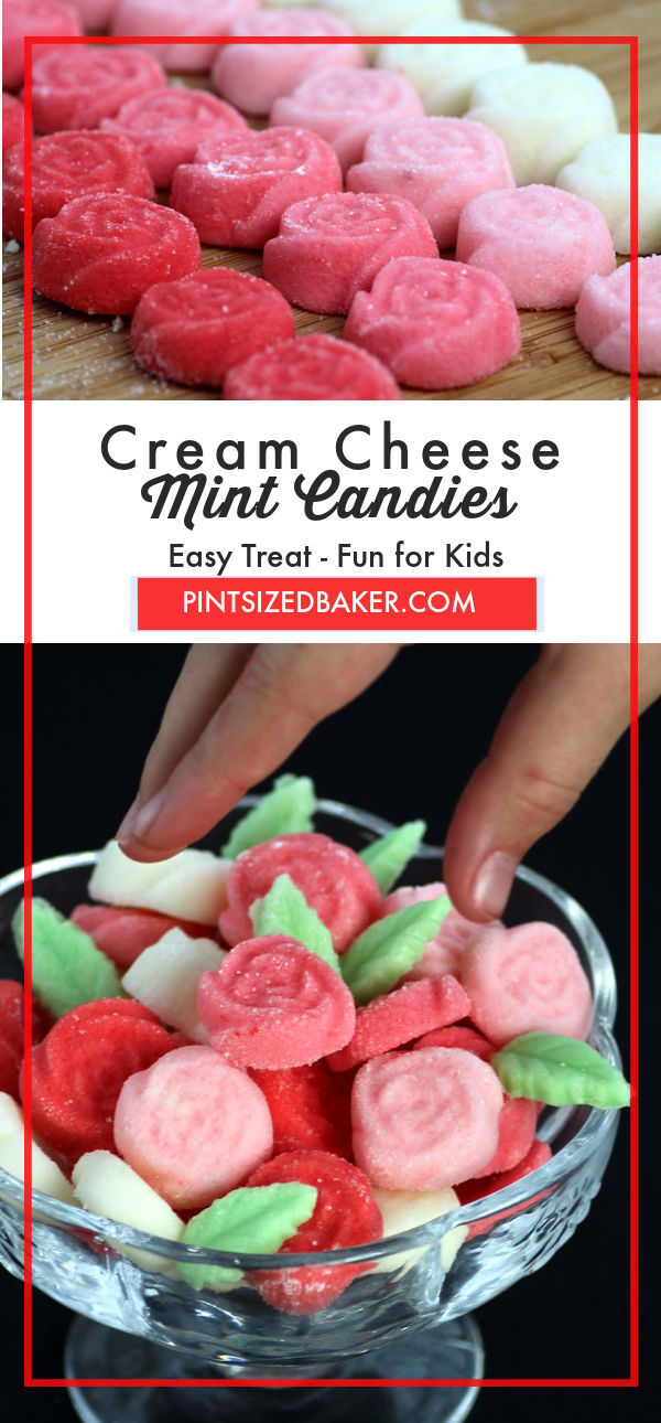 A collage image of the cream cheese mints with text.