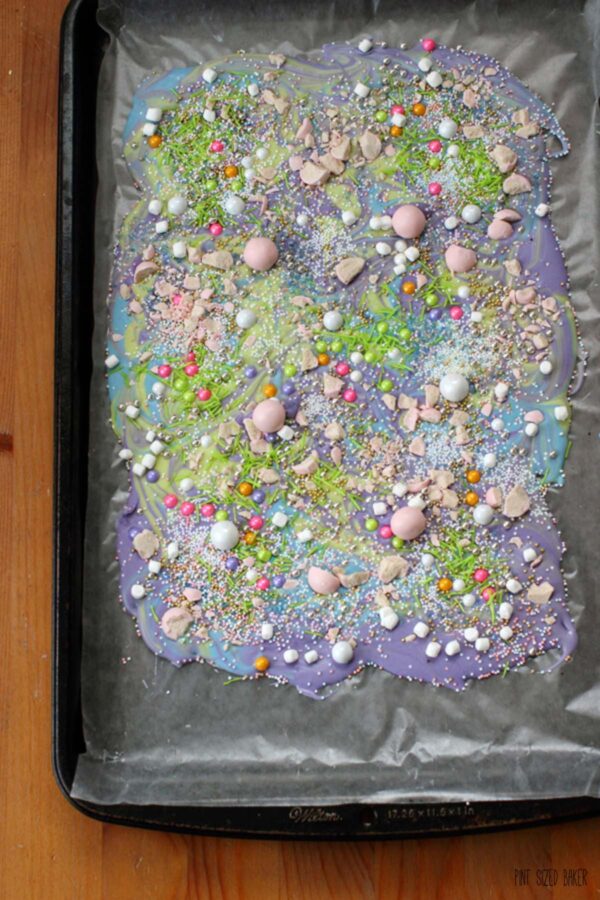 The candy bark overhead shot to show the swirls and candy pieces. 