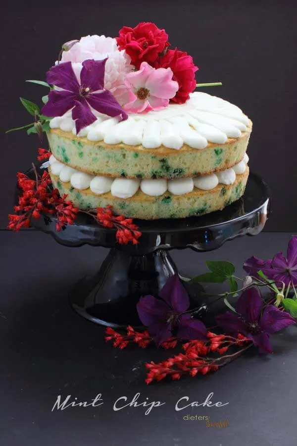 Make Pound Cake filled with Mint Chips for a fun flavor change. Mint Chip Cake decorated with fresh flowers.