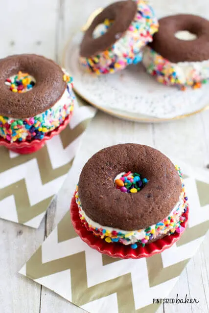 Vanilla Ice Cream sandwiched between two Brownie Donuts and surrounded in rainbow sprinkles. Everyone loves them!