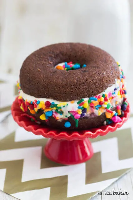 Vanilla Ice Cream sandwiched between two Brownie Donuts and surrounded in rainbow sprinkles. Everyone loves them!