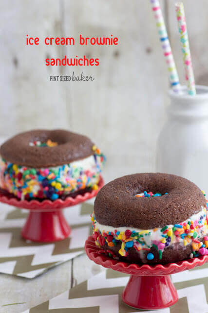Easy Brownies baked in doughnut forms and then transformed into Brownie Ice Cream Sandwiches! The kid LOVE these for after school treats!