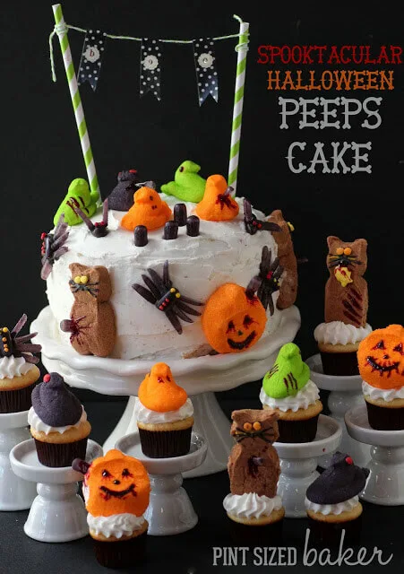 Simple cake decorated with Halloween Peeps.