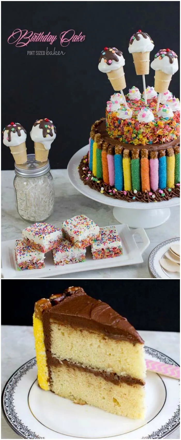 A totally decadent and over the top FUN Birthday Cake! Rich, buttery vanilla cake, chocolate frosting, chocolate dipped pretzels, Fruity Pebbles Treat top and ice cream cone cake pops! So FUN!