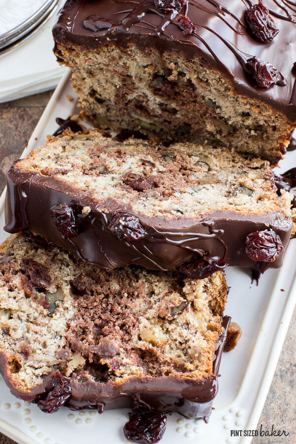 A thick layer of chocolate on top of this banana bread is simply delicious. 