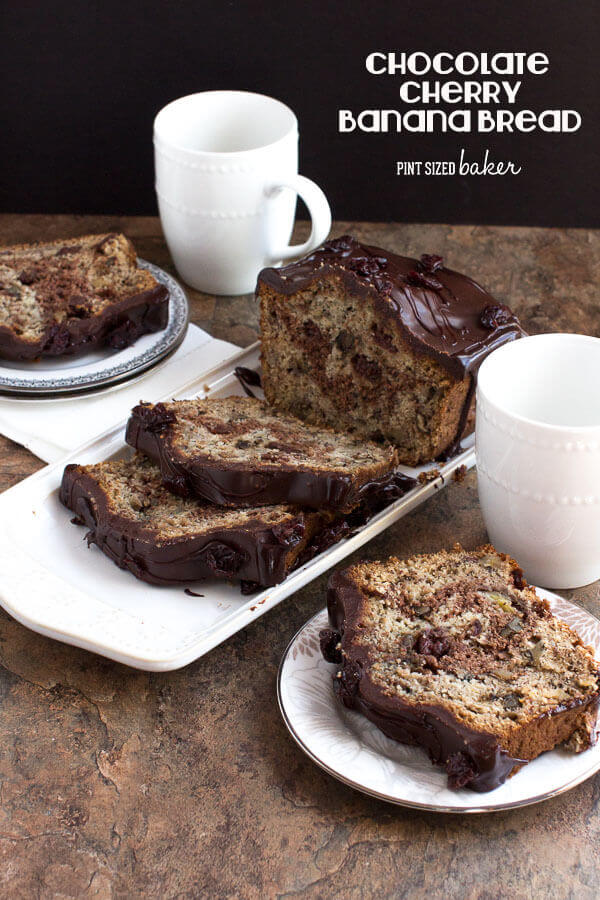 Chocolate Cherry Banana Bread is spiked with dried cherries and toasted walnuts then covered in chocolate! 