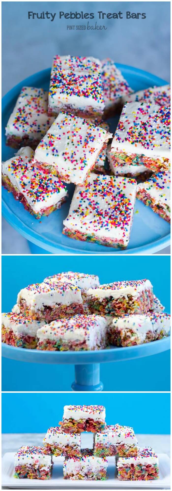 Who loves rainbows?? This gal does! These Fruity Pebbles Bars have all the colors in the rainbow and they were the perfect addition to my party table!