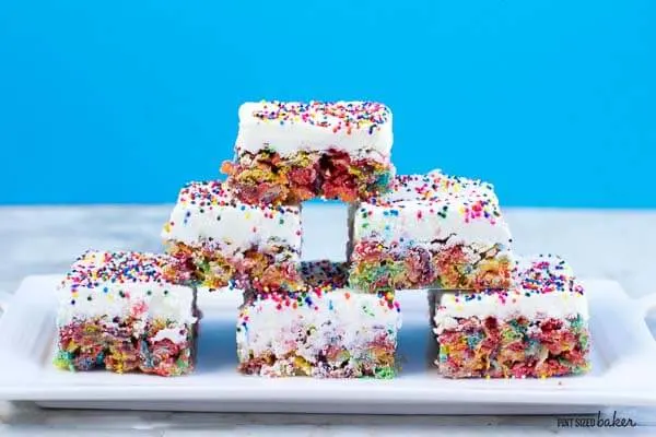 One of my favorite snacks is a bowl of Fruity Pebbles cereal. Now I can enjoy them in an easy to make dessert bar!