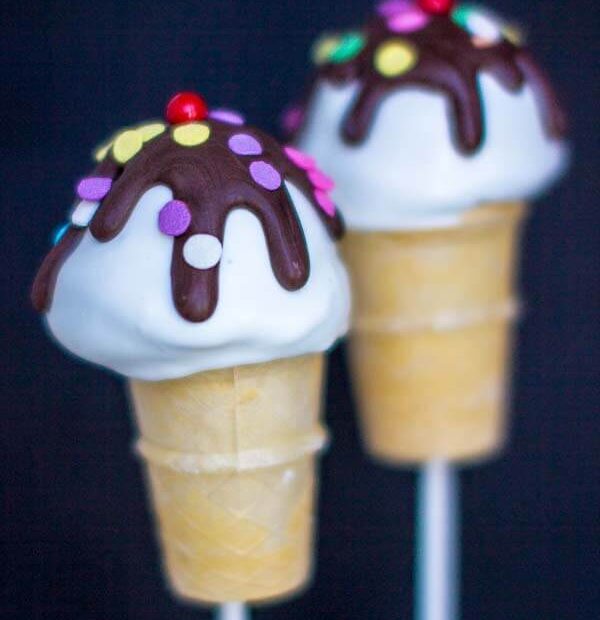 Using a mini ice cream cone, these cake pops come together in a snap! Check out my video in the post!