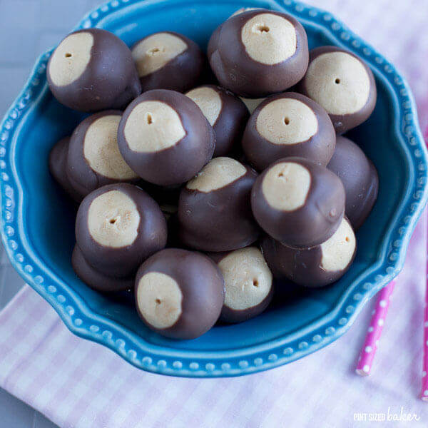 Easy Buckyeye Candies - creamy peanut butter candy dipped in chocolate.
