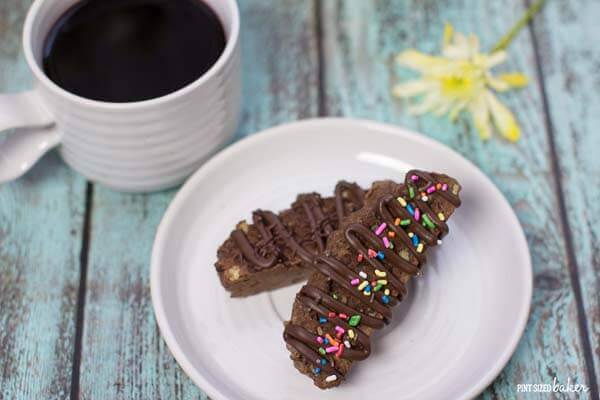 Warm up with a hot cup of coffee and some chocolate brownie biscotti.