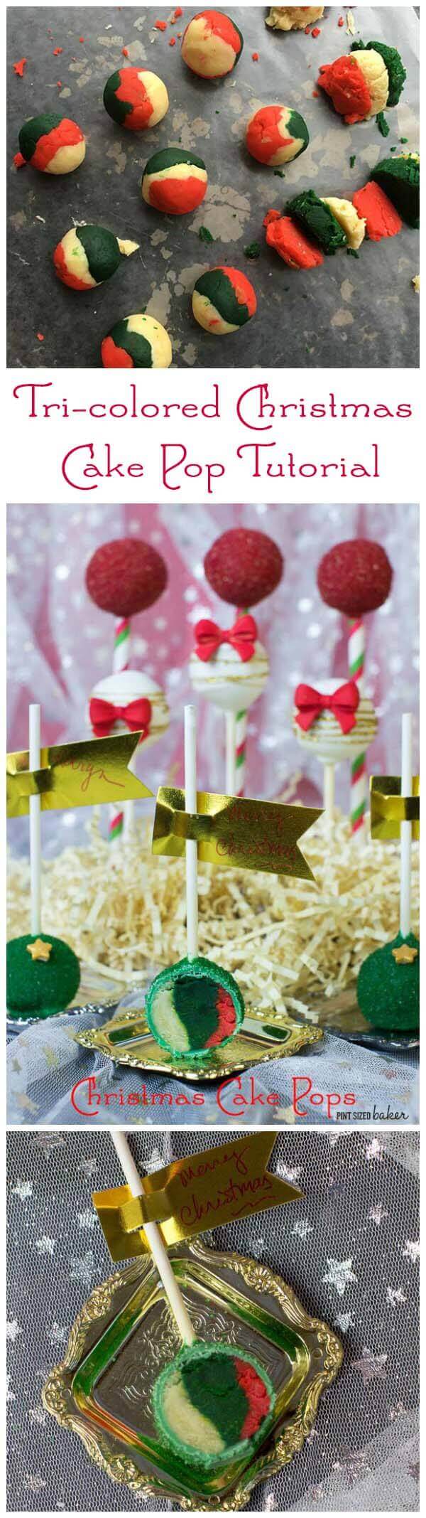 Amazing surprise inside, tri-colored Christmas Cake Pop tutorial. They are fun and make a big impression. 