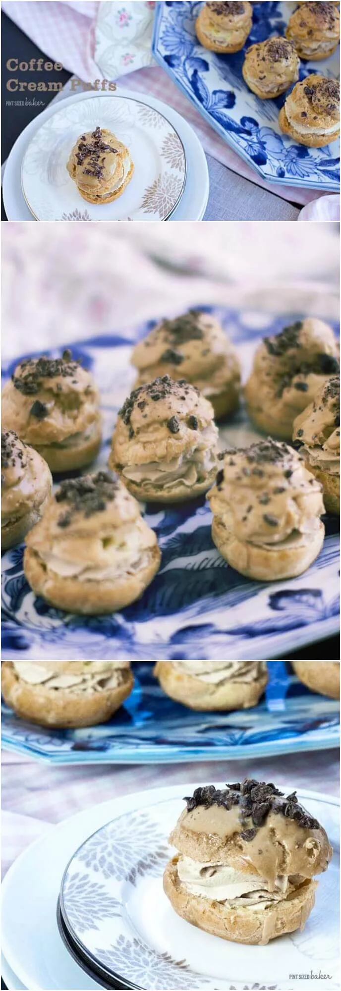 Pastry Puffs full of coffee whipped cream and a coffee glaze and topped with chocolate covered coffee beans. They are so good!!