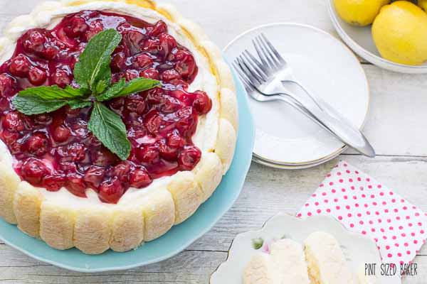 An overhead horizontal image of the Charlotte dessert focusing on the cherry topping and mint sprig.