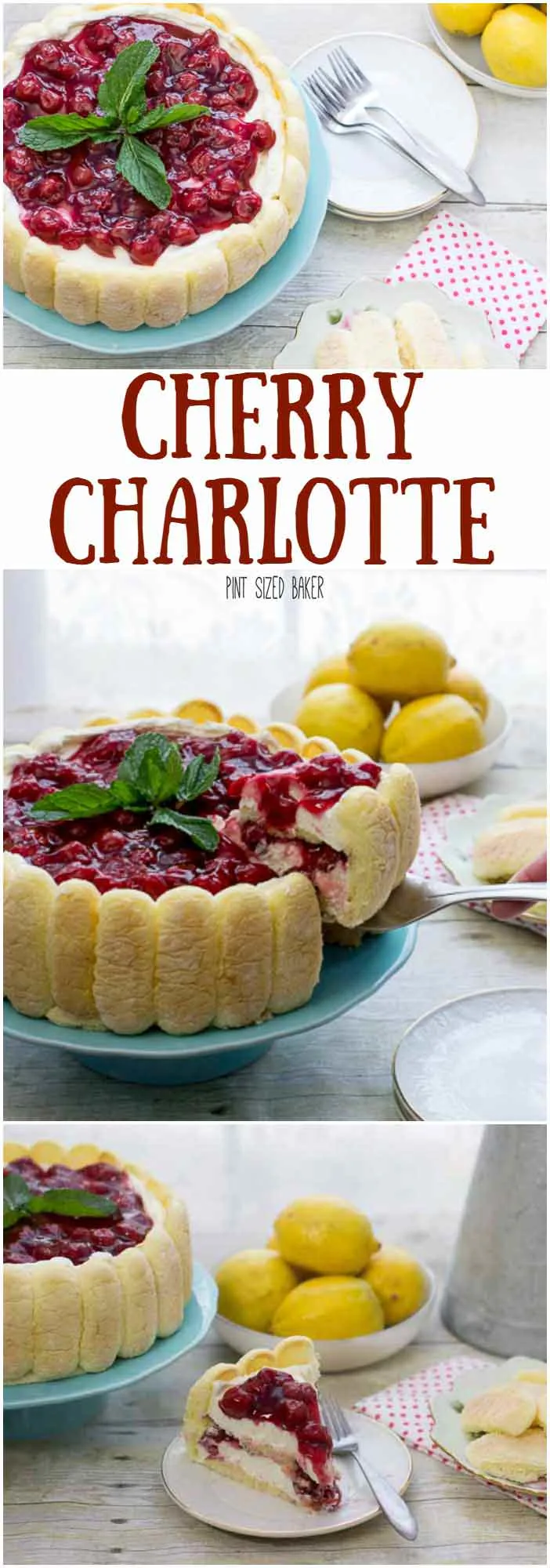 A Long collage image featuring many different views of the Cherry Charlotte Dessert. 