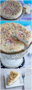 This Sugar Cookie Cheesecake has a sugar cookie crust, sugar cookie crumbles, and fun sprinkles throughout. It's a fun dessert for your cookie monster!