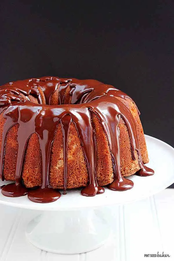 A simple image of the bundt cake covered with the chocolate ganache.