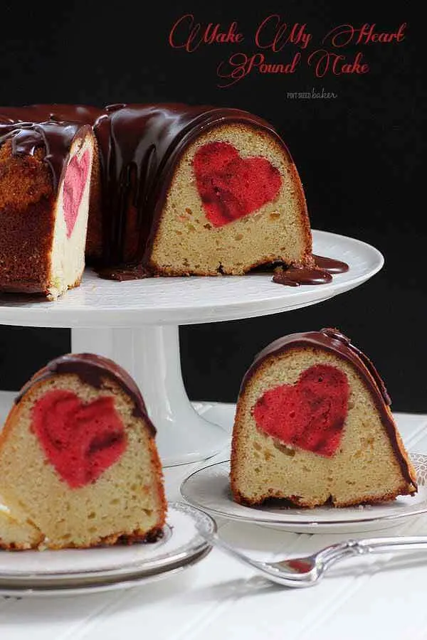 Lead in image of the pound cake with slices on plates to reveal the red heart baked inside.