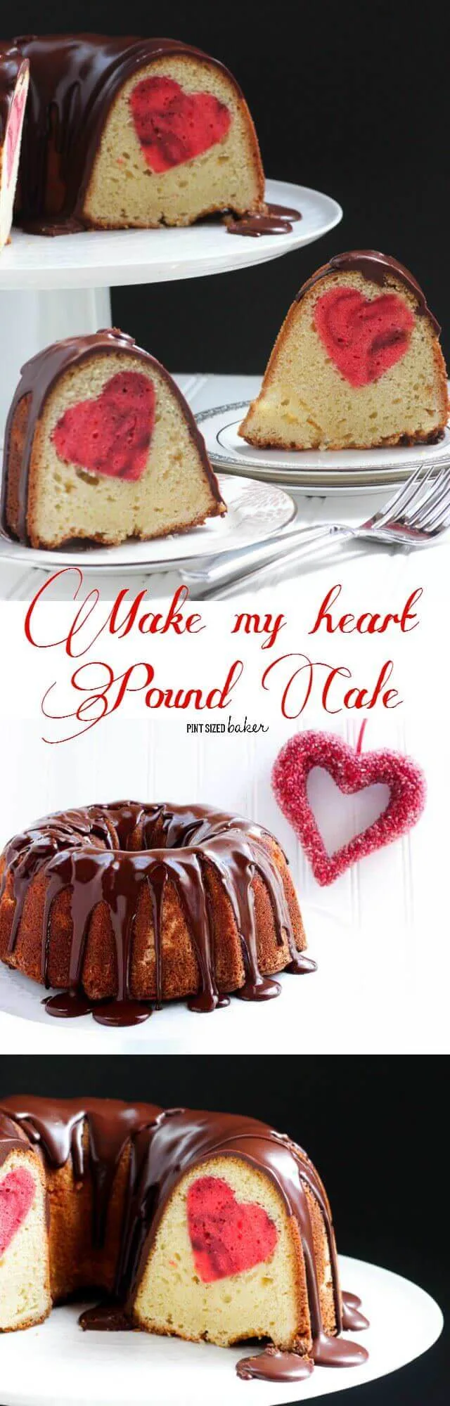 Collage image of the homemade butter pound cake that has a surprise heart baked into it! 