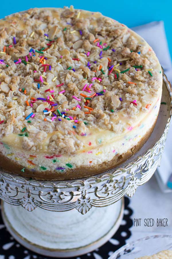 Sugar Cookie Crumbles on top of a sugar cookie cheesecake. I loved this dessert and I know your family will too!